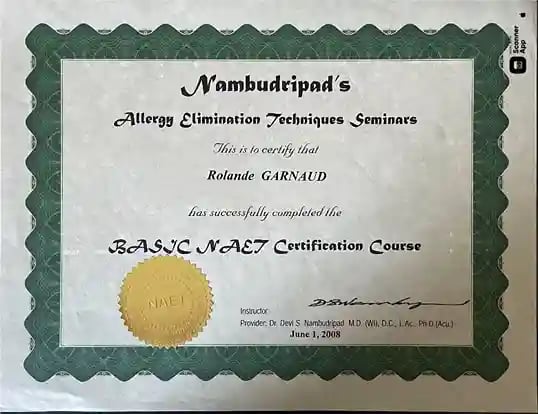 Certificat de formation NAET de Rolande Garnaud en techniques d'élimination des allergies