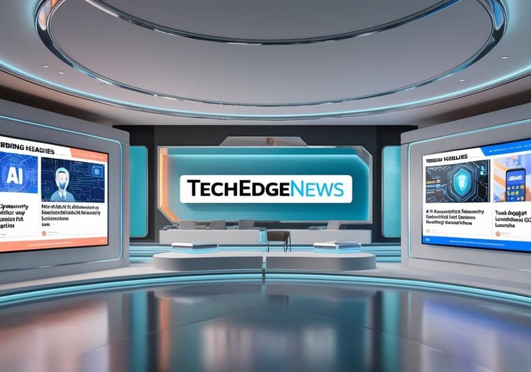 Stay ahead with the latest tech news! A digital newsroom showcasing breaking stories on AI cyber tec