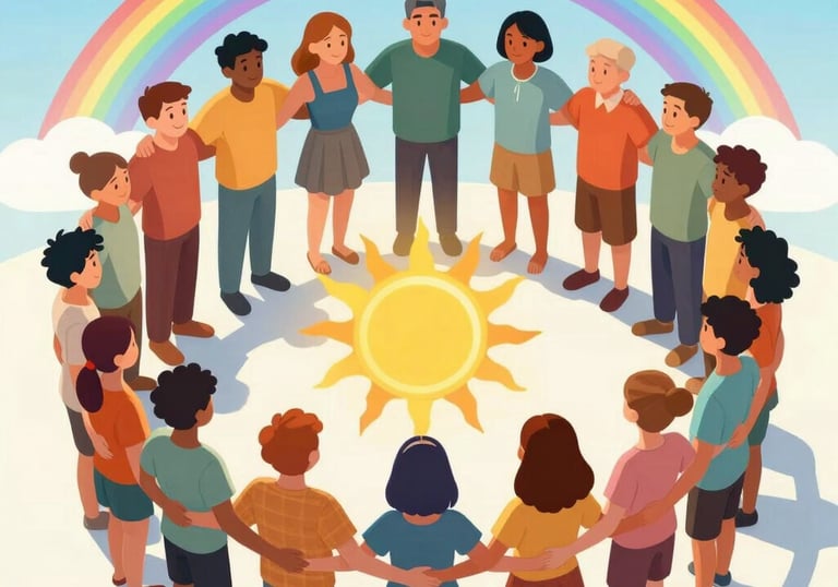 A group of humans of all colors, forming a circle where everyone stands by the shoulders, men, women