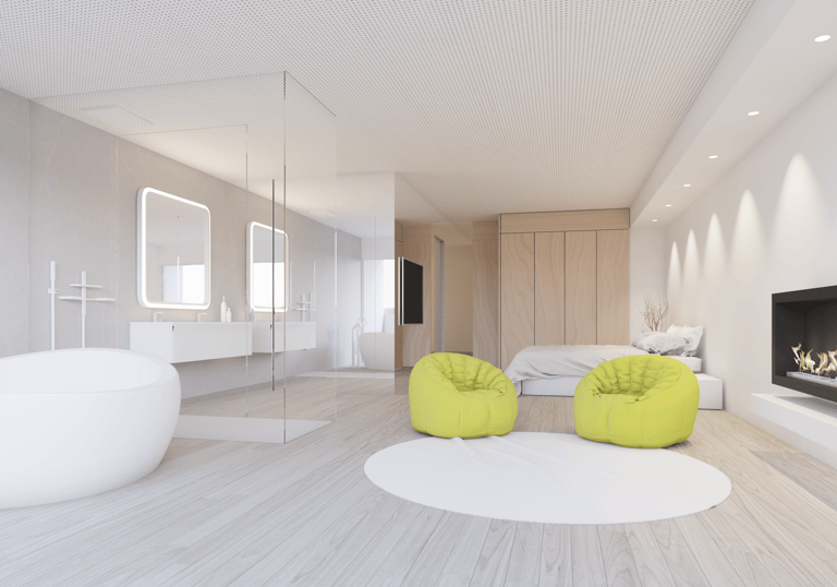 reforma de baño blanco dormitorio con chimenea