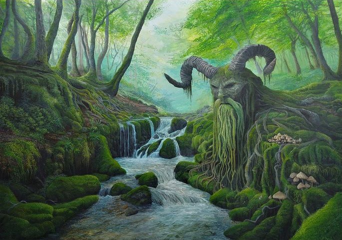 Stream Keeper, woodland stream waterfalls fantasy painting by Sussex artist Darren Slater