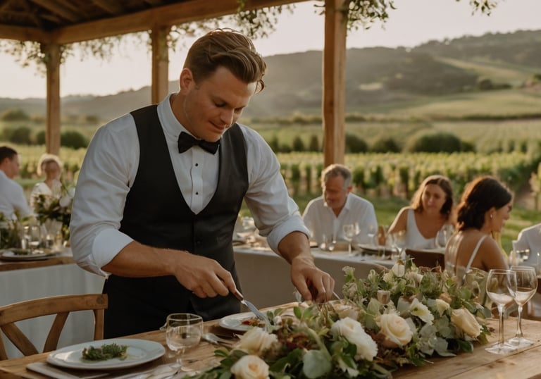 a man in a tuxedo suit and bow tie is cutting a table with