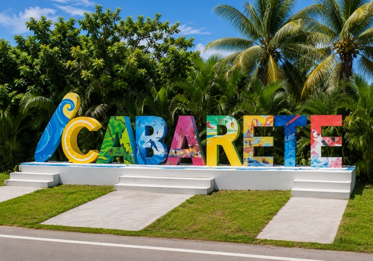 Colorful Cabarete sign landmark with tropical palm trees in the Dominican Republic.