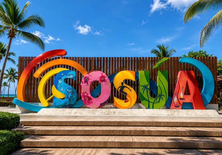 Colorful Sosua sign in Dominican Republic with tropical beach art, palm trees, and blue sky.