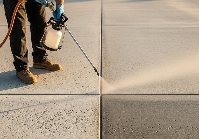 a man is spraying a concrete sealing on the concrete floor with a spray gun