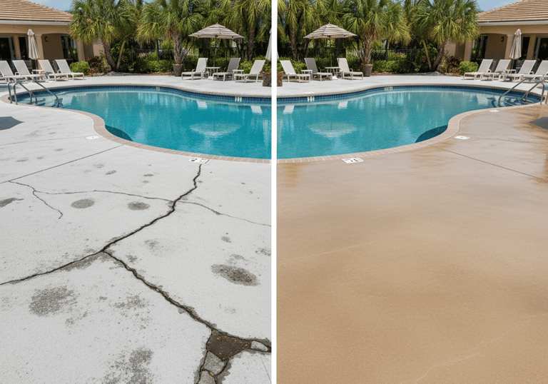 a before and after image of a pool deck resurfacing