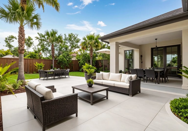 a concrete patio with a couch and chairs and a table
