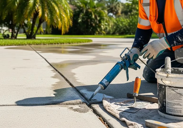 a man in a safety vest is repairing a concrete block
