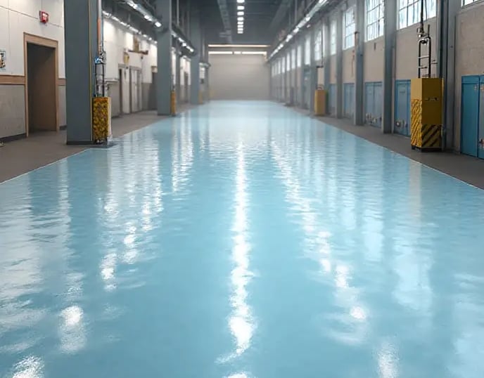 a large room with a long epoxy resin blue floor