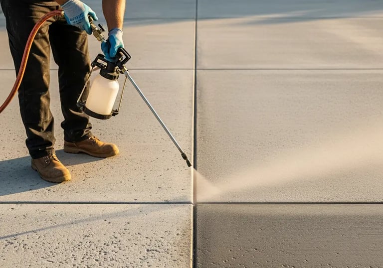 a man is spraying a concrete sealing on the concrete floor with a spray gun