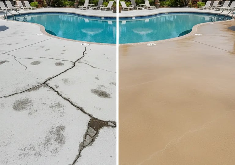 a before and after  of a pool deck resurfacing