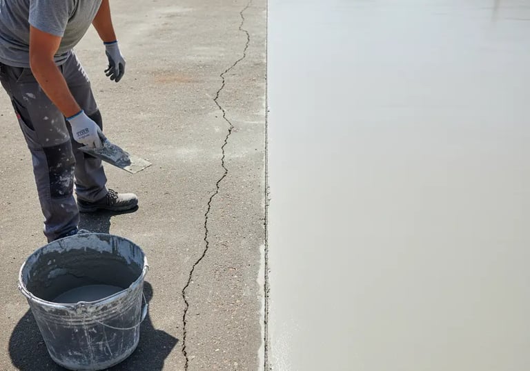 a man is putting a resurfacing treatment on  a concrete slab in a driveway