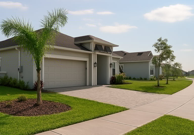 a driveway with a palm tree in front of a house