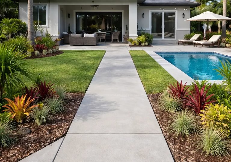 Concrete walkway connecting backyard patio at a Hollywood, FL home