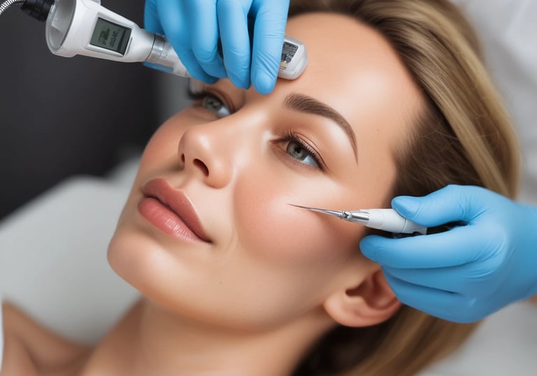 A close-up of a woman receiving a facial cleansing treatment with gentle products.