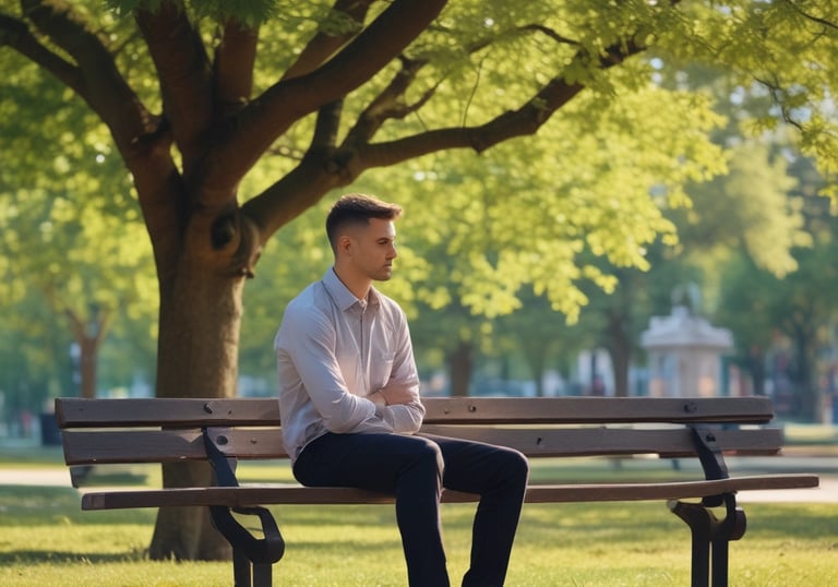 A thoughtful father reflecting in a serene park setting.