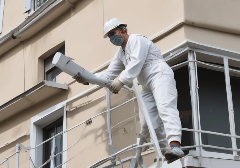 Three people are engaged in construction work, likely plastering or cementing a brick wall in an outdoor setting. Two men, one wearing a checkered shirt and a headscarf, and another in a bright orange shirt, are positioned near a third individual who is elevated on a scaffold. Light filters through surrounding trees, casting shadows and highlighting dust particles in the air.