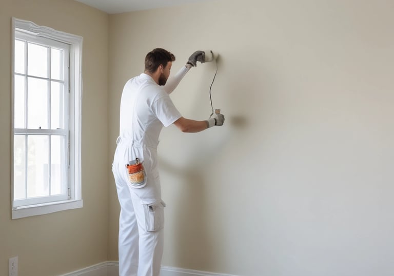 A section of crumbling plaster wall partially revealing the older brickwork underneath. The plaster is painted green and is peeling away to show dusty, weathered bricks with remnants of the previous white paint.