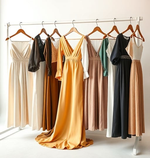 a variety of dresses hanging on a rack