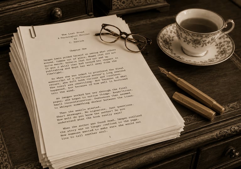 A full manuscript on an old desk with some reading glasses, fountain pen, and a cup of tea