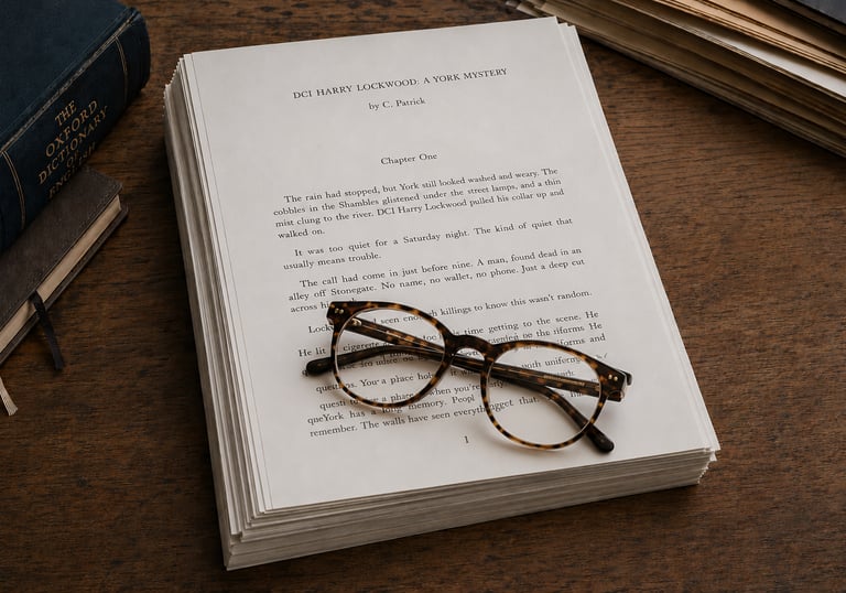 A full manuscript on a wooden desk with some reading glasses and dictionary