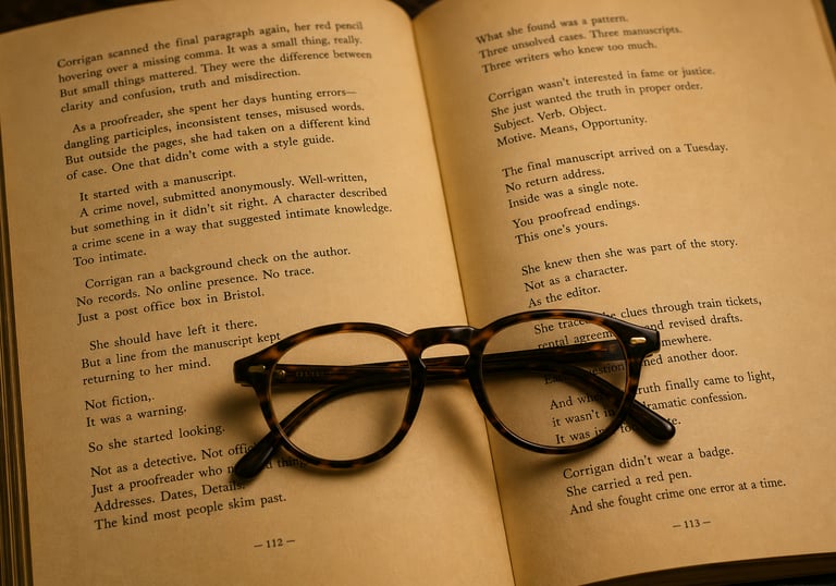 A pair of reading glasses on an open book