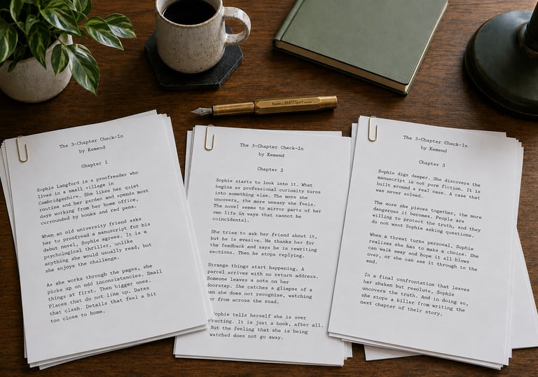 Three chapters of a manuscript fanned out on a wooden desk