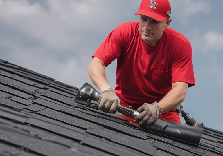 A person wearing a wide-brimmed straw hat is working on repairing or inspecting a roof made up of traditional grey tiles. The roof tiles are arranged in an overlapping pattern and show various shades of grey, with patches of moss or discoloration.
