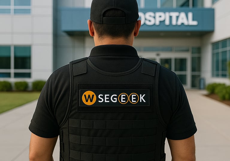 Guardia de seguridad privada frente a hospital - vigilancia profesional