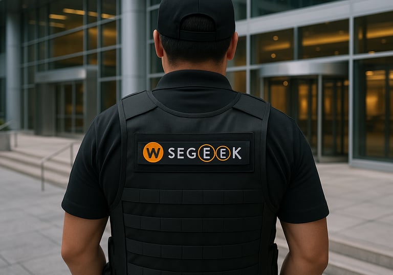Guardia de seguridad privada en exteriores de edificio corporativo - Whosin Segeek