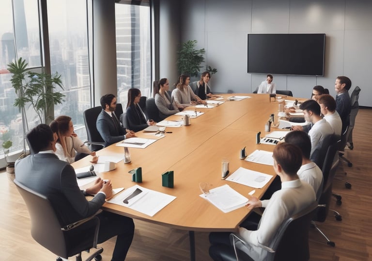 A group of people is engaged in a meeting around a conference table, with laptops open in front of them. They appear attentive and focused, with a modern office interior and large windows in the background.