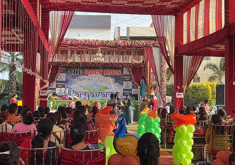 a stage with a stage and a stage with balloons