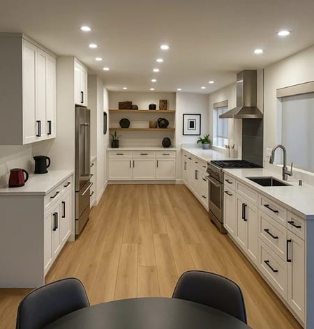 Contemporary kitchen with white euro-style cabinets, stainless steel appliances, natural wood floor
