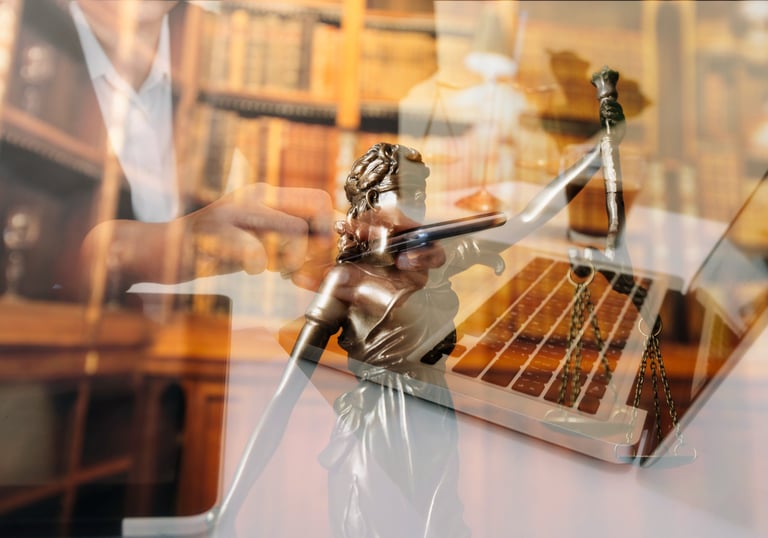 Arbitrator at a desk with Lady Justice overlay.