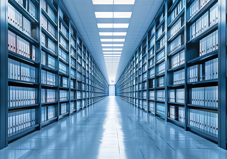Long corridor flanked by cabinets with folders
