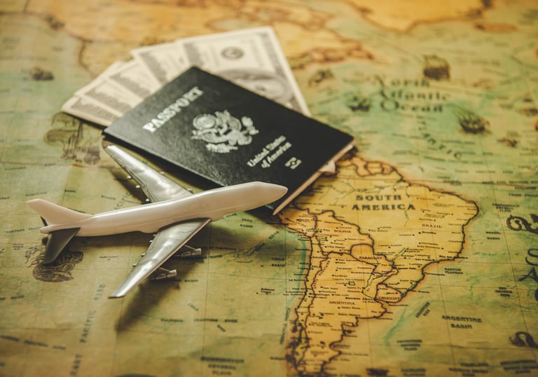 Tourist map, passport and travel props