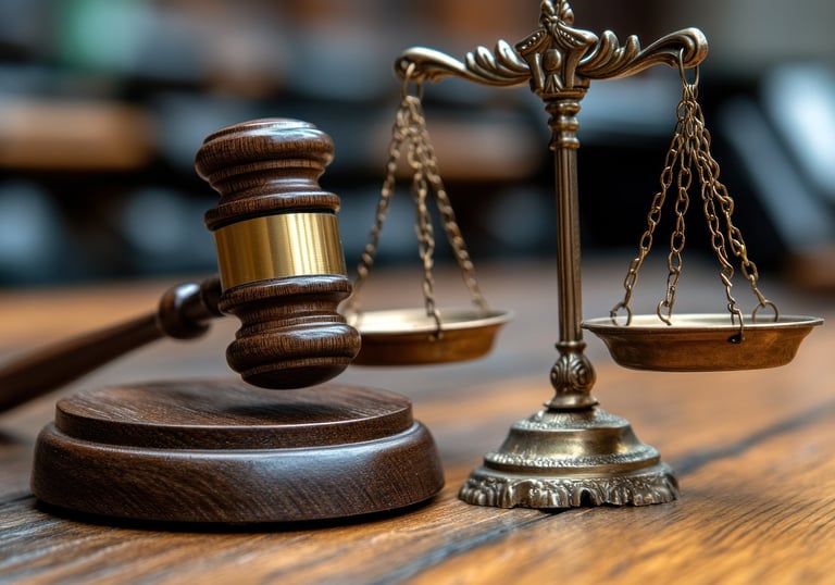  Gavel and scales of justice on a wooden table