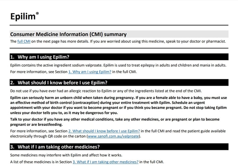 Partof first page of Consumer Medicine Information
