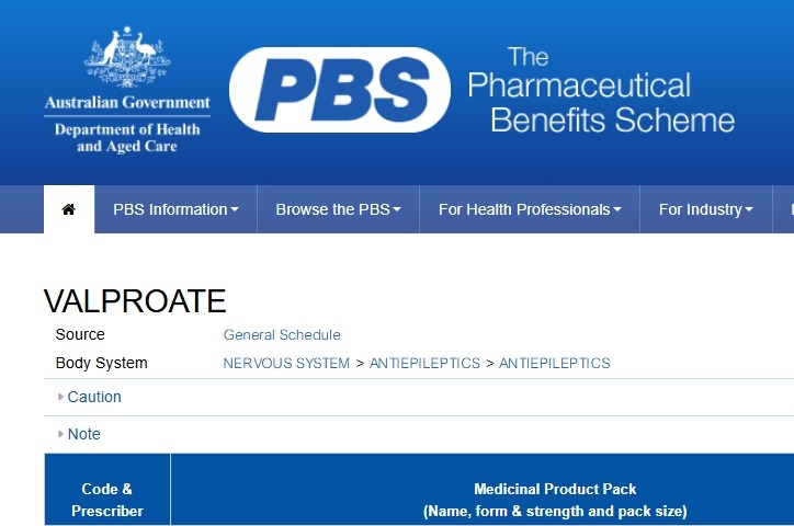 Screen shot of PBS entry for valproate
