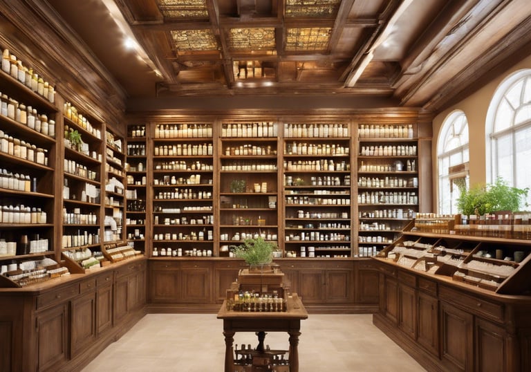 An old pharmacy with wooden display cabinets filled with various bottles and containers. A mannequin wearing a white lab coat stands behind the counter. Several framed photographs and vintage advertisements adorn the walls. The atmosphere invokes a sense of nostalgia and history.