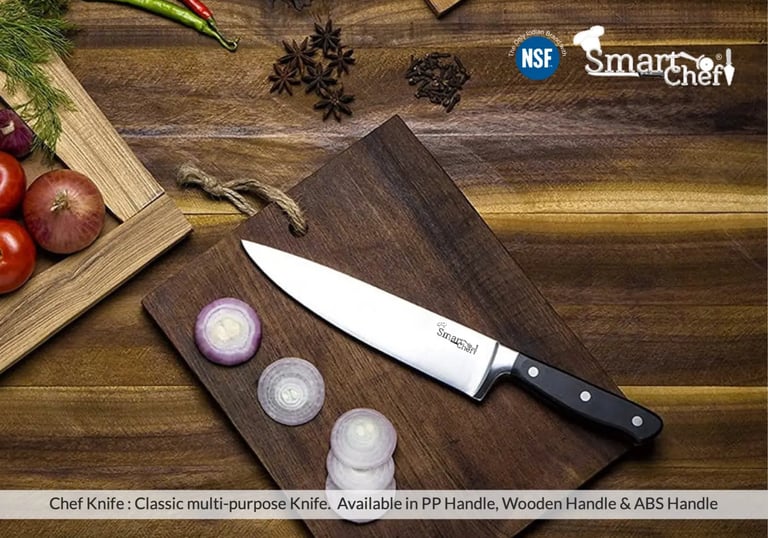 Smart Chef stainless steel kitchen knife on a wooden cutting board with sliced red onions and spices.