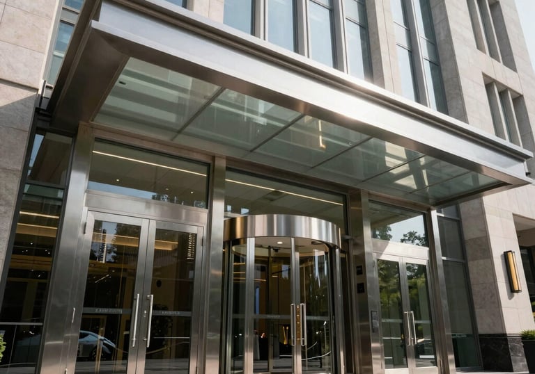 A low-angle shot of a grand corporate headquarters entrance with large steel and glass automatic doors, midday lighting, International / Global architectural style.