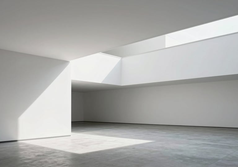 A minimalist white architectural space with clean lines and soft shadows, symbolizing clarity and precision, Global Business / Corporate.