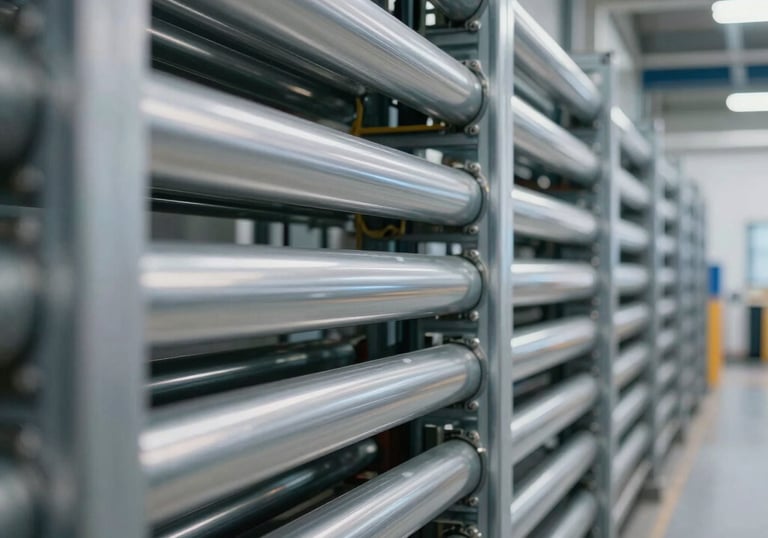 Clean perspective shot of organized cable tray systems mounted in a modern industrial corridor, reflecting professional North American / Industrial engineering.