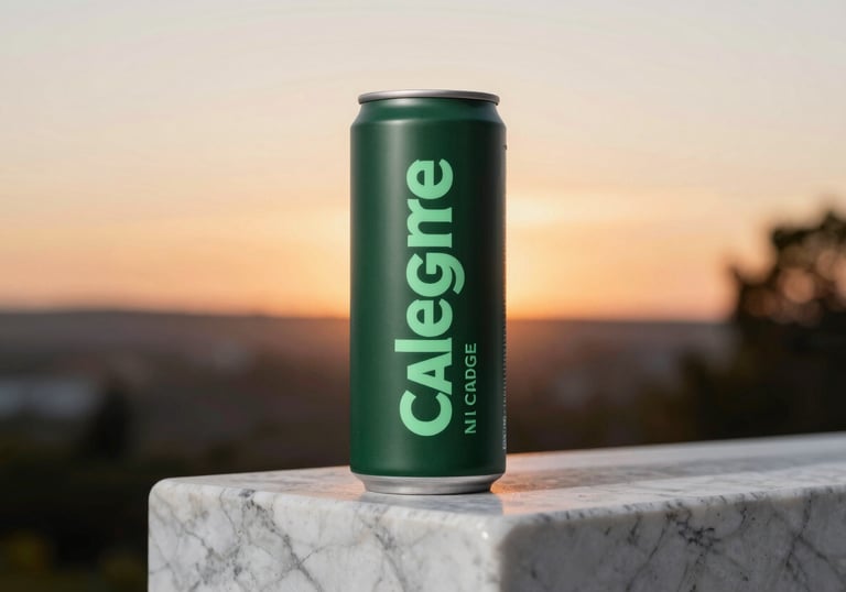A product shot of the Calegre Nitro Charge can standing on a block of white marble. The can is matte dark forest green with soft mint green lettering. The background is a soft, out-of-focus North American / US sunrise.