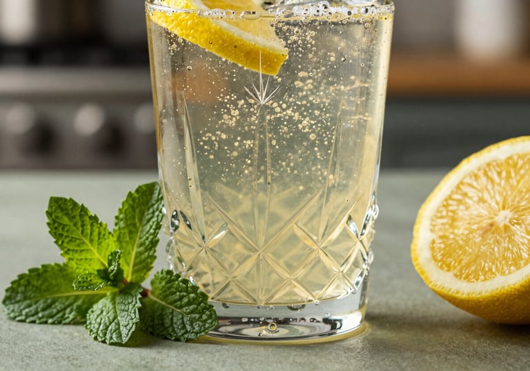 A sophisticated close-up of a crystal glass filled with a light, golden-hued Zen Infusion drink, sparkling with tiny bubbles. Fresh sprigs of mint and lemon slices are elegantly arranged nearby on a muted sage green surface in a North American / US luxury kitchen.