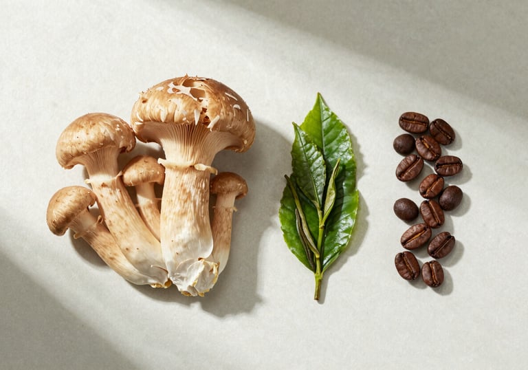 A creative flat-lay of the ingredients in Calegre Pure Focus: Lion's Mane mushrooms, vibrant green tea leaves, and organic coffee berries arranged on an off-white mist textured surface with muted sage green shadows.