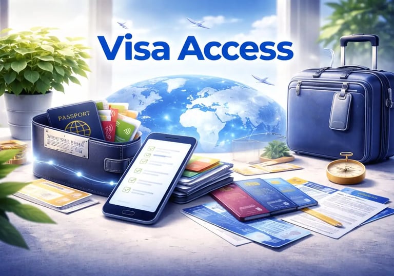 Digital visa access concept with passport, smartphone checklist, travel cards, luggage, and world map for global travel