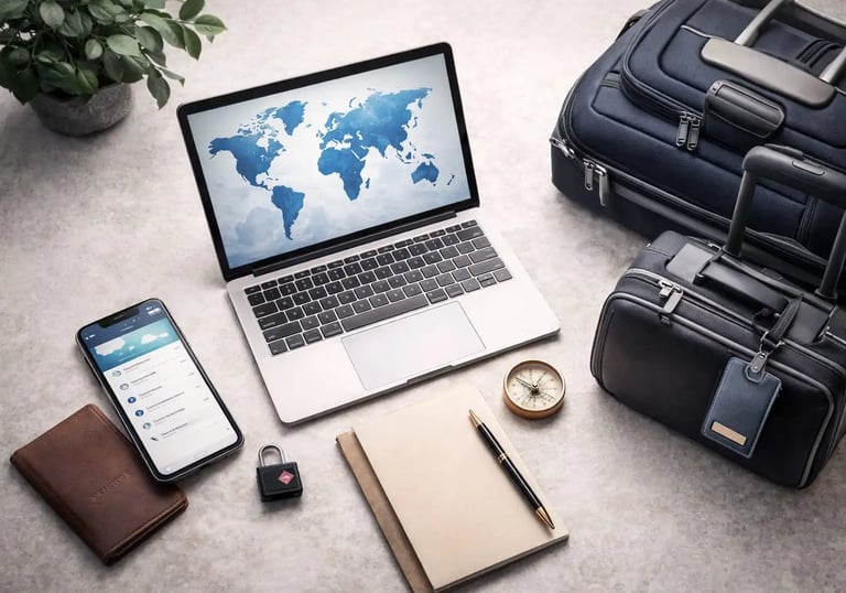 Global Travel Tools Setup Laptop with world map, secure luggage, and digital travel tools for planning, document storage