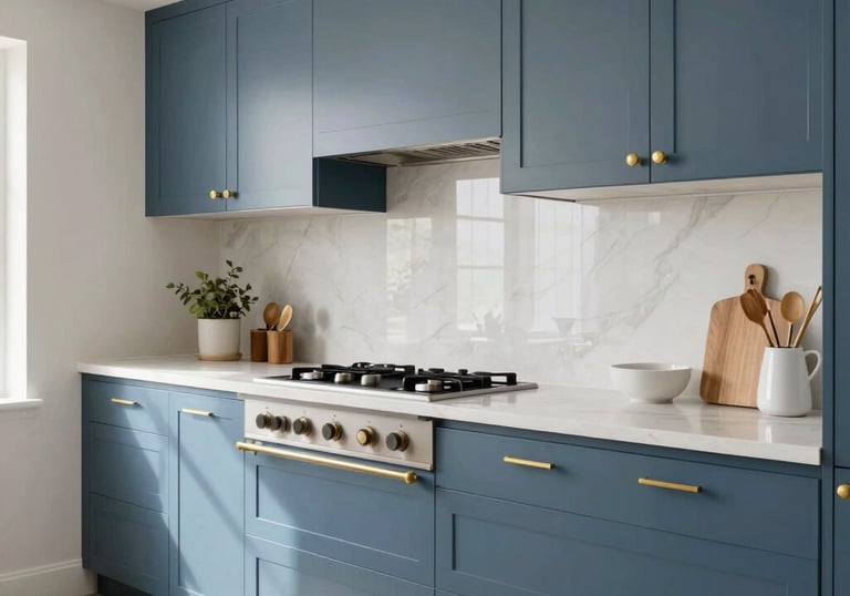 A clean, bright architectural shot of a modern North American kitchen interior with slate blue accents and gold hardware, symbolizing the home.